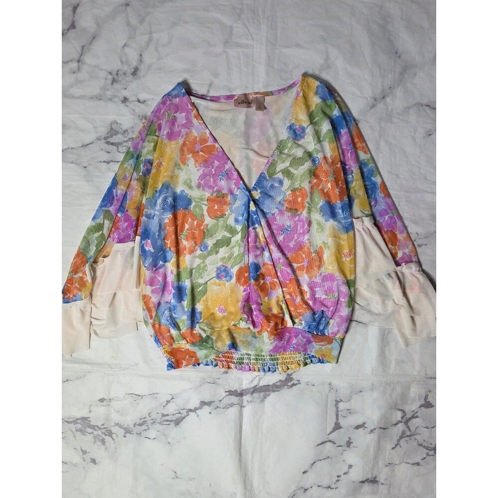 Willow & Root Floral Print Mesh Ruffle Sleeve Top